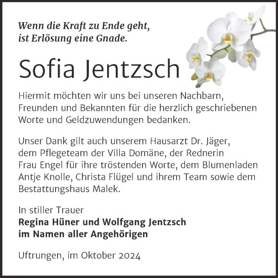 Traueranzeige von Sofia Jentzsch von Trauerkombi Sangerhausen