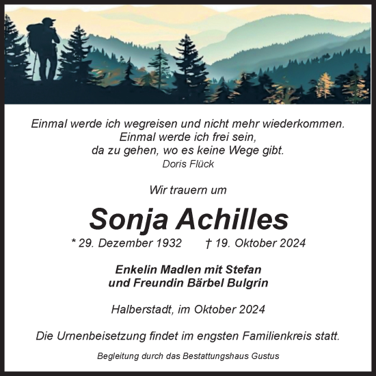 Traueranzeige von Sonja Achilles von Volksstimme Halberstadt