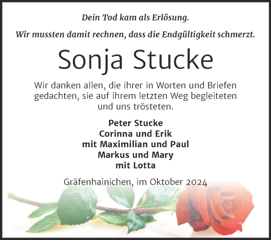 Traueranzeige von Sonja Stucke von Trauerkombi Wittenberg