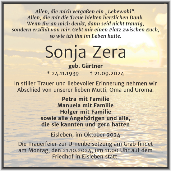 Traueranzeige von Sonja Zera von Trauerkombi Mansfelder Land