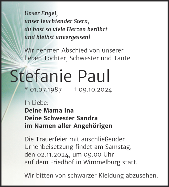 Traueranzeige von Stefanie Paul von Trauerkombi Mansfelder Land