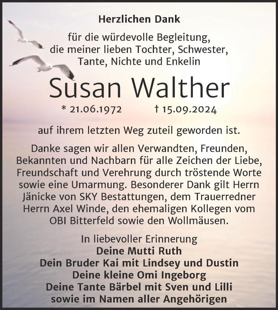  Traueranzeige für Susan Walther vom 19.10.2024 aus Trauerkombi Wittenberg