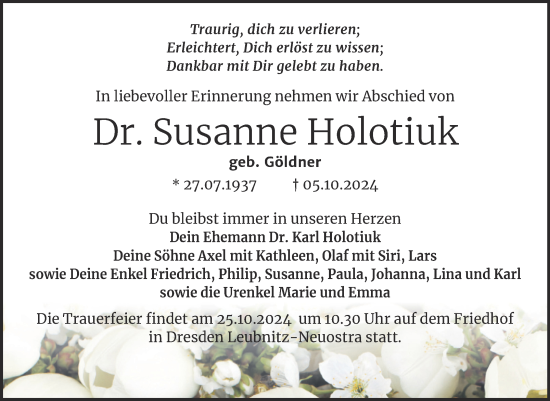 Traueranzeige von Susanne Holotiuk von Mitteldeutsche Zeitung Bitterfeld