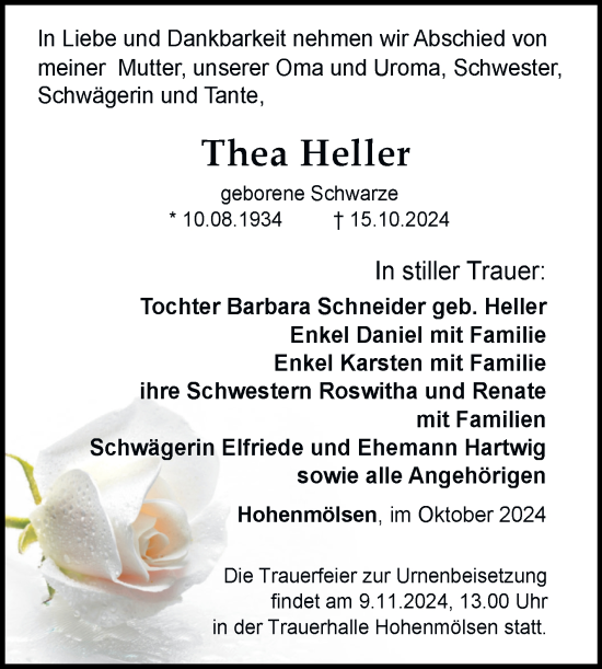 Traueranzeige von Thea Heller von Trauerkombi Weißenfels
