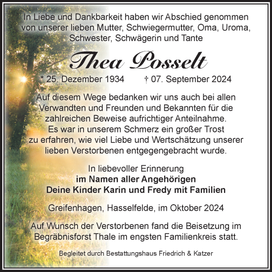 Traueranzeige von Thea Posselt von Volksstimme Wernigerode