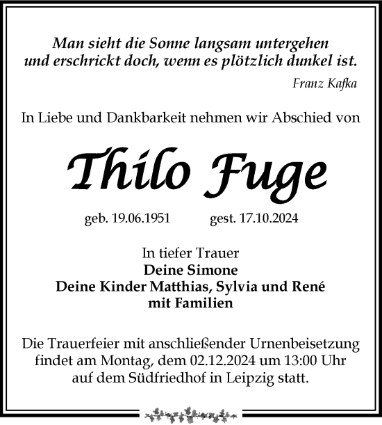 Traueranzeige von Thilo Fuge von Mitteldeutsche Zeitung Halle/Saalkreis