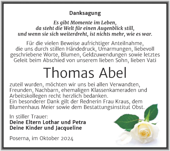 Traueranzeige von Thomas Abel von Trauerkombi Weißenfels
