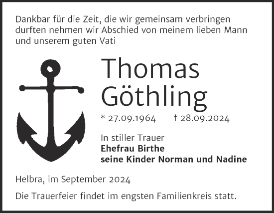 Traueranzeige von Thomas Göthling von Trauerkombi Mansfelder Land