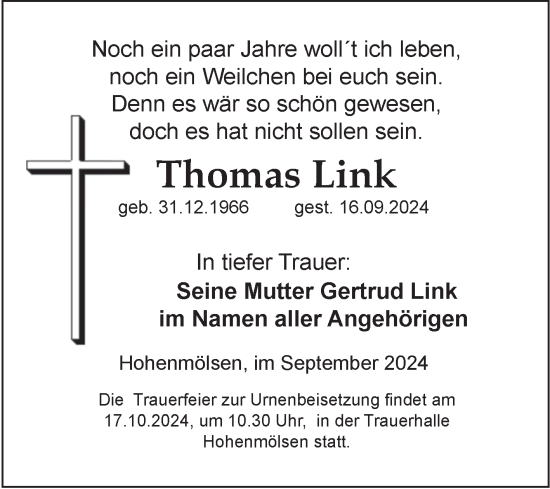 Traueranzeige von Thomas Link von Trauerkombi Weißenfels