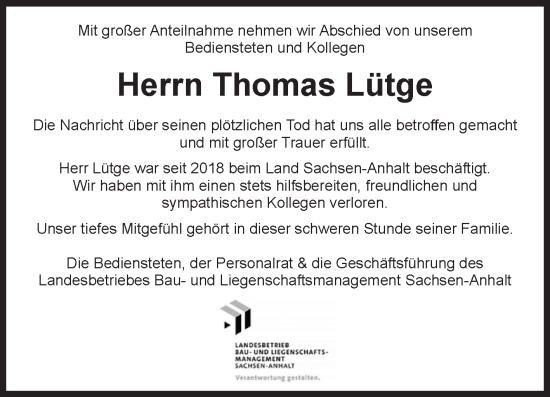 Traueranzeige von Thomas Lütge von Volksstimme Magdeburg