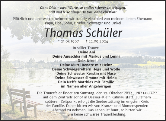 Traueranzeige von Thomas Schüler von Trauerkombi Dessau
