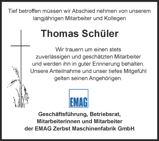Traueranzeige von Thomas Schüler von Mitteldeutsche Zeitung Dessau-Roßlau