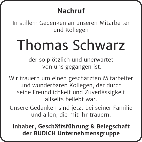 Traueranzeige von Thomas Schwarz von Super Sonntag Wittenberg