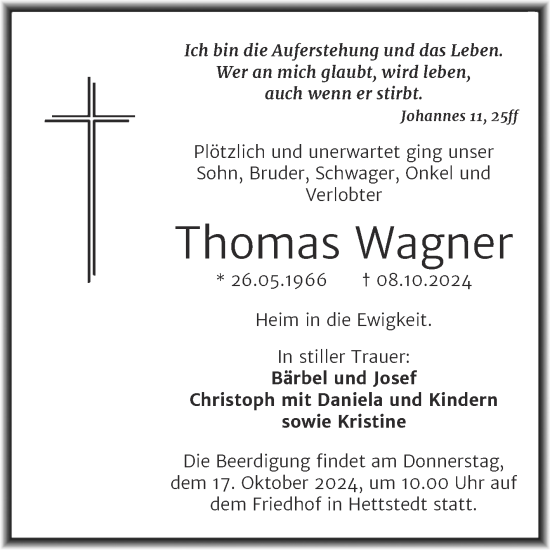 Traueranzeige von Thomas Wagner von Mitteldeutsche Zeitung Mansfelder Land
