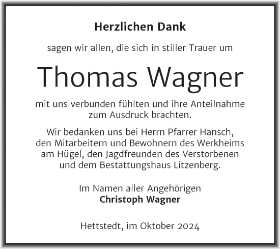 Traueranzeige von Thomas Wagner von Mitteldeutsche Zeitung Mansfelder Land