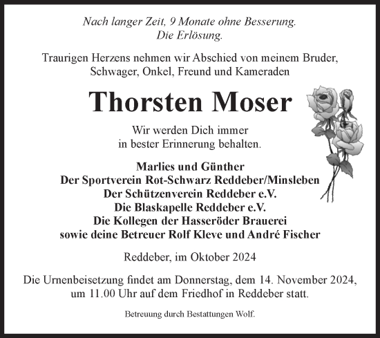 Traueranzeige von Thorsten Moser von Volksstimme Wernigerode