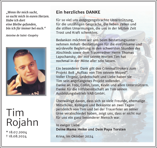 Traueranzeige von Tim Rojahn von Trauerkombi Bitterfeld