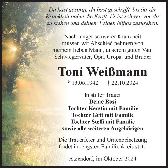 Traueranzeige von Toni Weißmann von Volksstimme Staßfurt