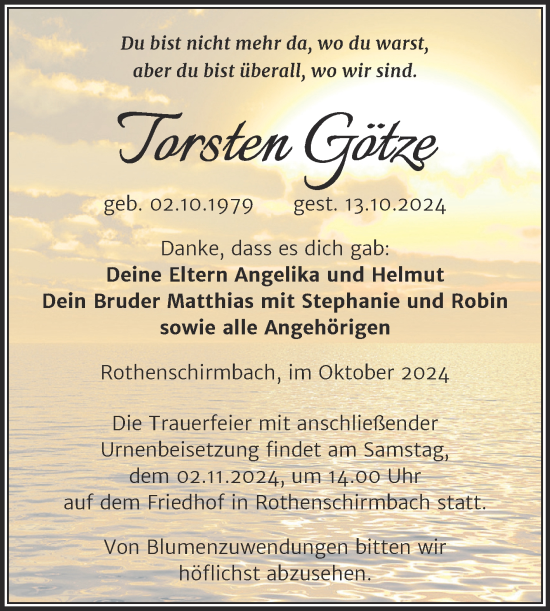 Traueranzeige von Torsten Götze von Trauerkombi Mansfelder Land
