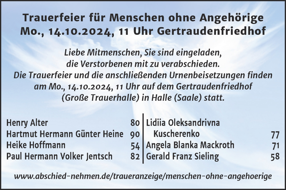  Traueranzeige für Menschen ohne Angehörige  vom 12.10.2024 aus Mitteldeutsche Zeitung Halle/Saalkreis