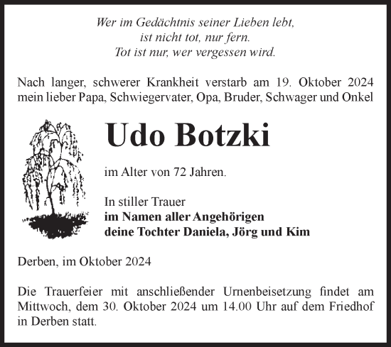 Traueranzeige von Udo Botzki von Volksstimme Burg/Genthin