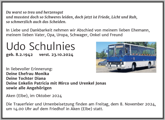Traueranzeige von Udo Schulnies von Trauerkombi Köthen