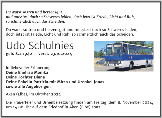 Traueranzeige von Udo Schulnies von Trauerkombi Köthen