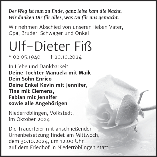 Traueranzeige von Ulf-Dieter Fiß von Trauerkombi Sangerhausen