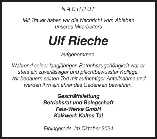 Traueranzeige von Ulf Rieche von Volksstimme Wernigerode