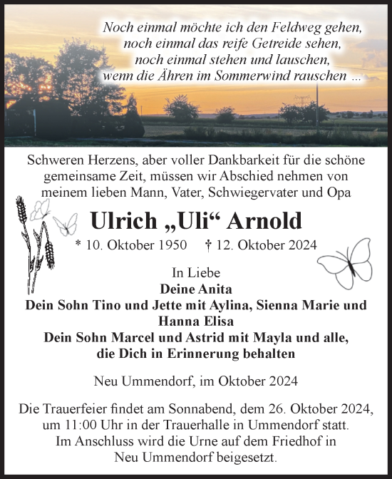 Traueranzeige von Ulrich Arnold von Volksstimme Oschersleben/Wanzleben