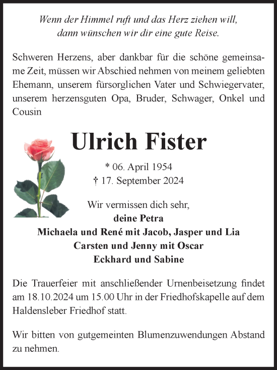 Traueranzeige von Ulrich Fister von Volksstimme Haldensleben/Wolmirstedt