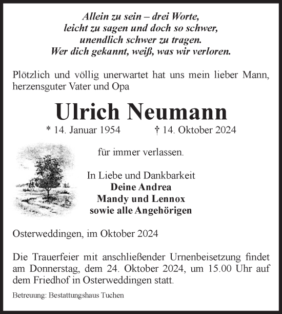 Traueranzeige von Ulrich Neumann von Volksstimme Oschersleben/Wanzleben