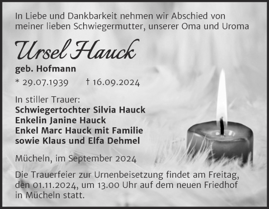 Traueranzeige von Ursel Hauck von Trauerkombi Merseburg