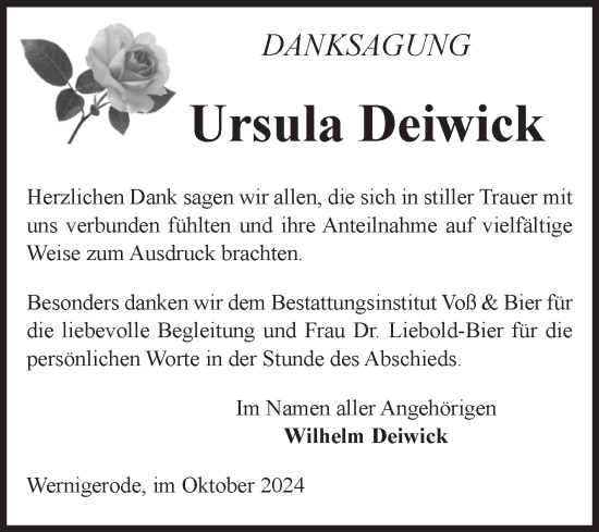 Traueranzeige von Ursula Deiwick von Volksstimme Wernigerode