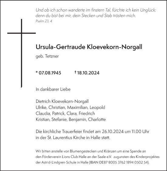 Traueranzeige von Ursula-Gertraude Kloevekorn-Norgall von Mitteldeutsche Zeitung Halle/Saalkreis