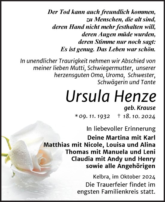 Traueranzeige von Ursula Henze von Trauerkombi Sangerhausen