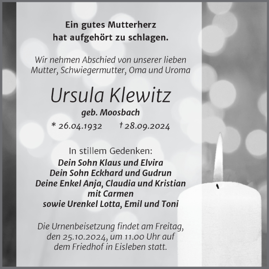 Traueranzeige von Ursula Klewitz von Trauerkombi Mansfelder Land