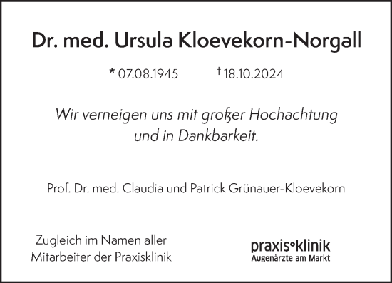 Traueranzeige von Ursula Kloevekorn-Norgall von Mitteldeutsche Zeitung Halle/Saalkreis