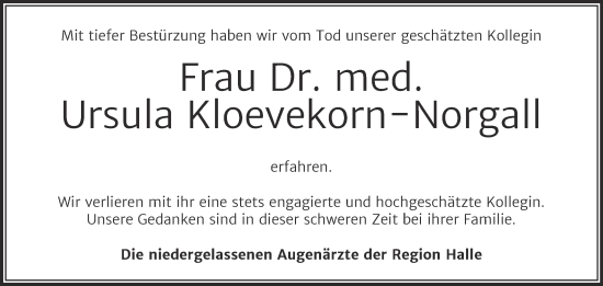 Traueranzeige von Ursula Kloevekorn-Norgall von Mitteldeutsche Zeitung Halle/Saalkreis