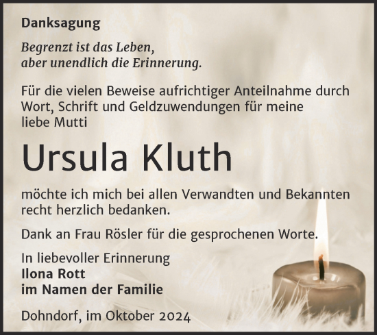 Traueranzeige von Ursula Kluth von Trauerkombi Köthen