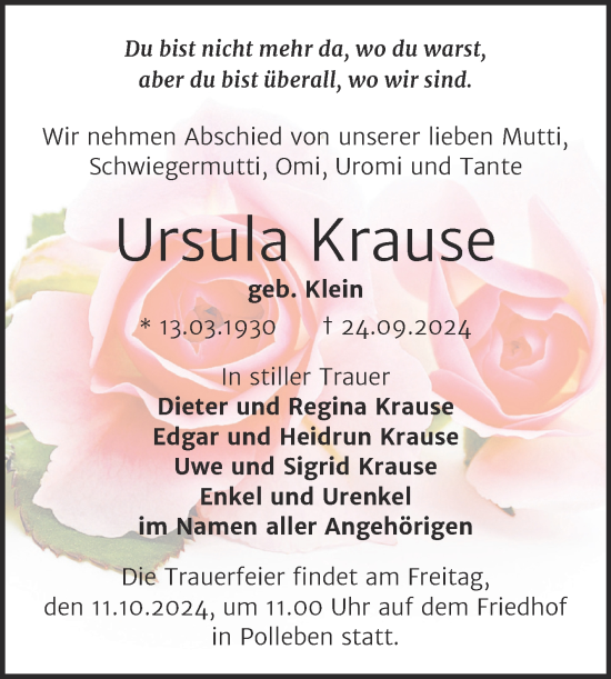 Traueranzeige von Ursula Krause von Trauerkombi Mansfelder Land