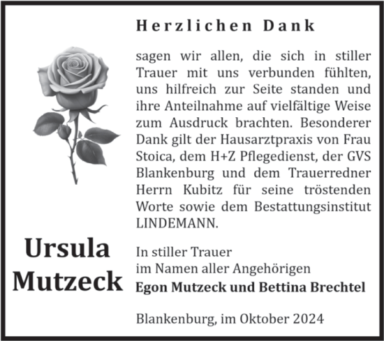 Traueranzeige von Ursula Mutzeck von Volksstimme Wernigerode