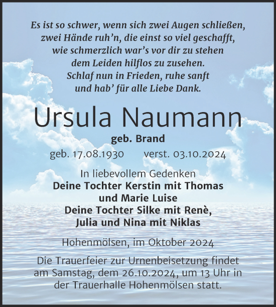 Traueranzeige von Ursula Naumann von Trauerkombi Weißenfels