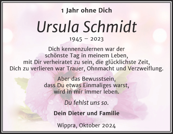 Traueranzeige von Ursula Schmidt von Trauerkombi Sangerhausen