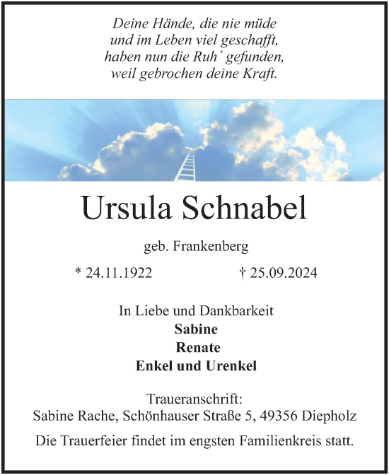 Traueranzeige von Ursula Schnabel von Volksstimme Staßfurt