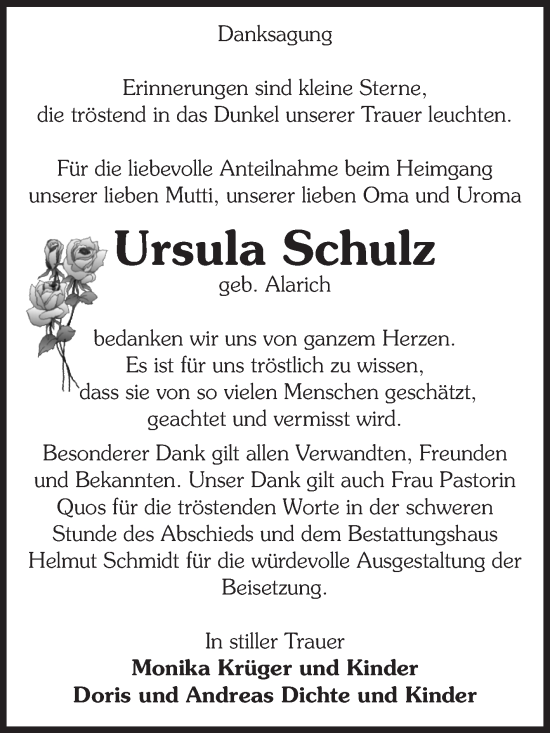 Traueranzeige von Ursula Schulz von Volksstimme Zerbst