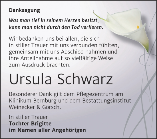 Traueranzeige von Ursula Schwarz von Trauerkombi Bernburg