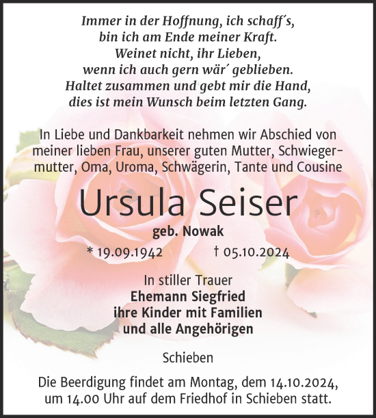 Traueranzeige von Ursula Seiser von Super Sonntag Naumburg/Nebra