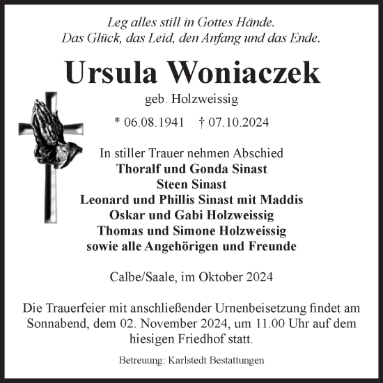 Traueranzeige von Ursula Woniaczek von Volksstimme Schönebeck