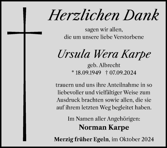 Traueranzeige von Ursula Wera Karpe von Volksstimme Staßfurt